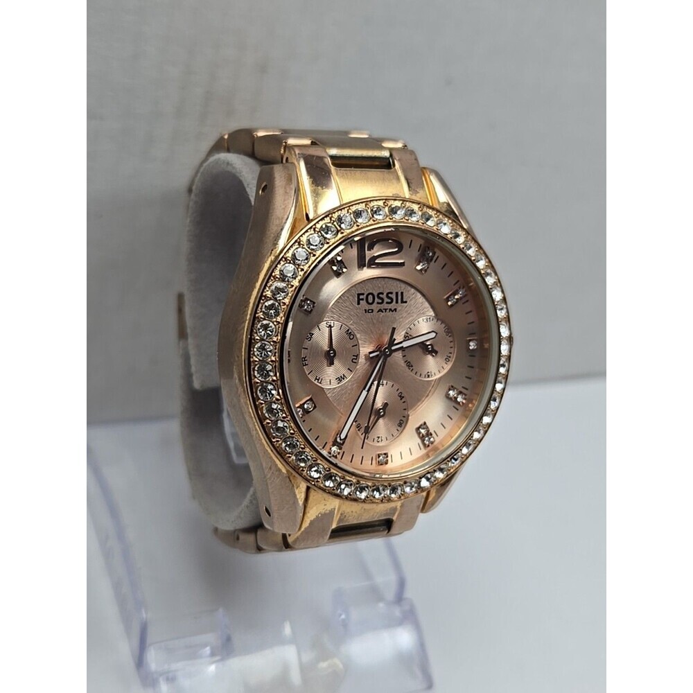 Fossil Riley ES2811 Women Rose Gold Crystal Multifunction Watch New Battery Sz-S - Picture 3 of 11